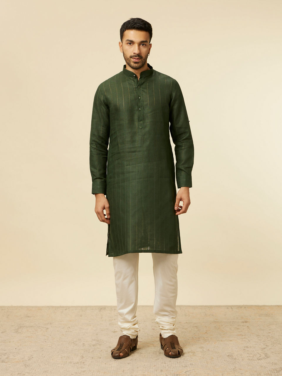 Manyavar Men Dark Green Self Patterned Kurta