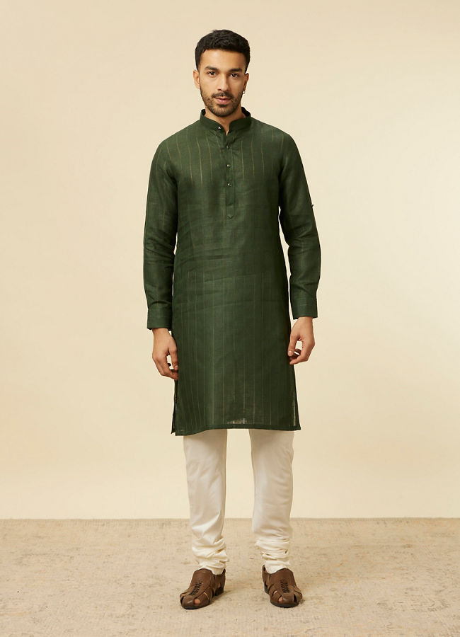 alt message - Manyavar Men Dark Green Self Patterned Kurta image number 2