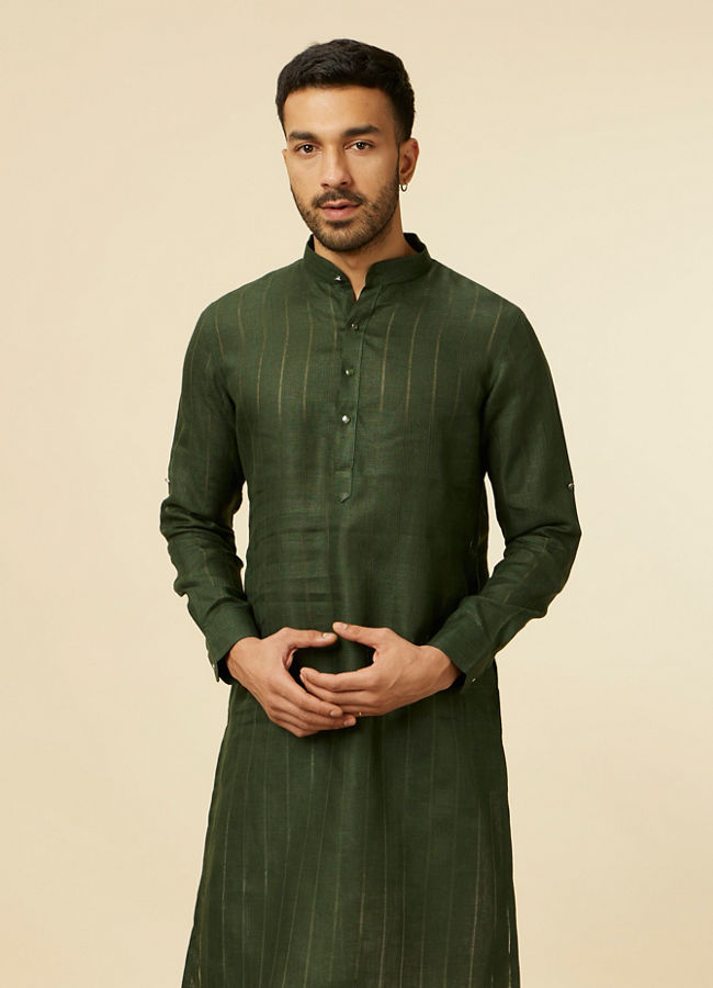 alt message - Manyavar Men Dark Green Self Patterned Kurta image number 0