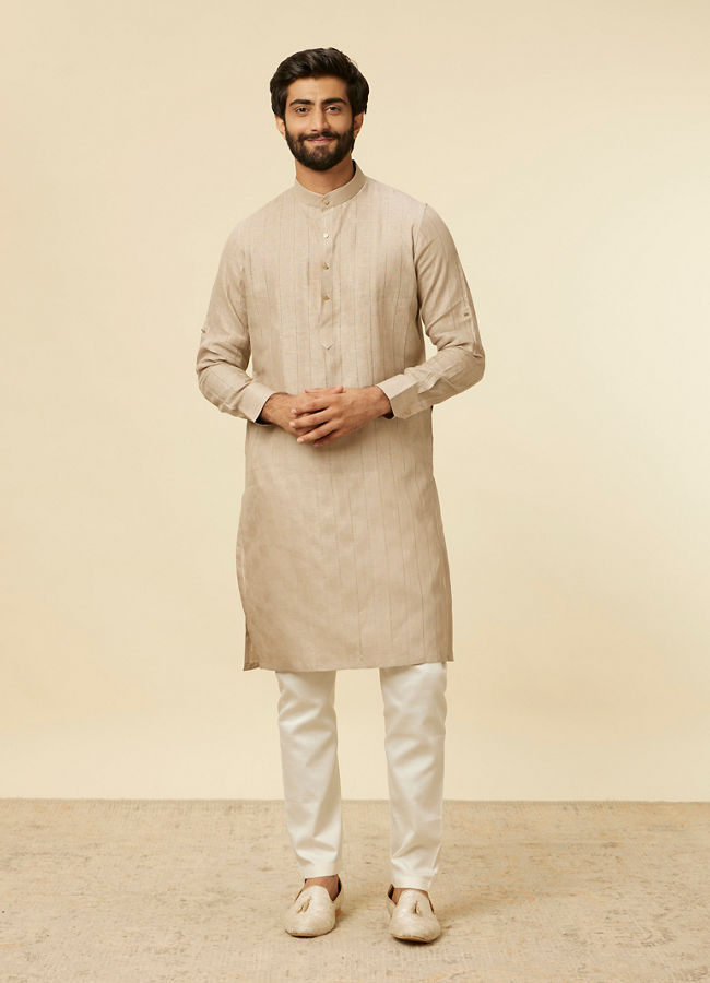 alt message - Manyavar Men Solid Walnut Self Striped Patterned Kurta image number 2