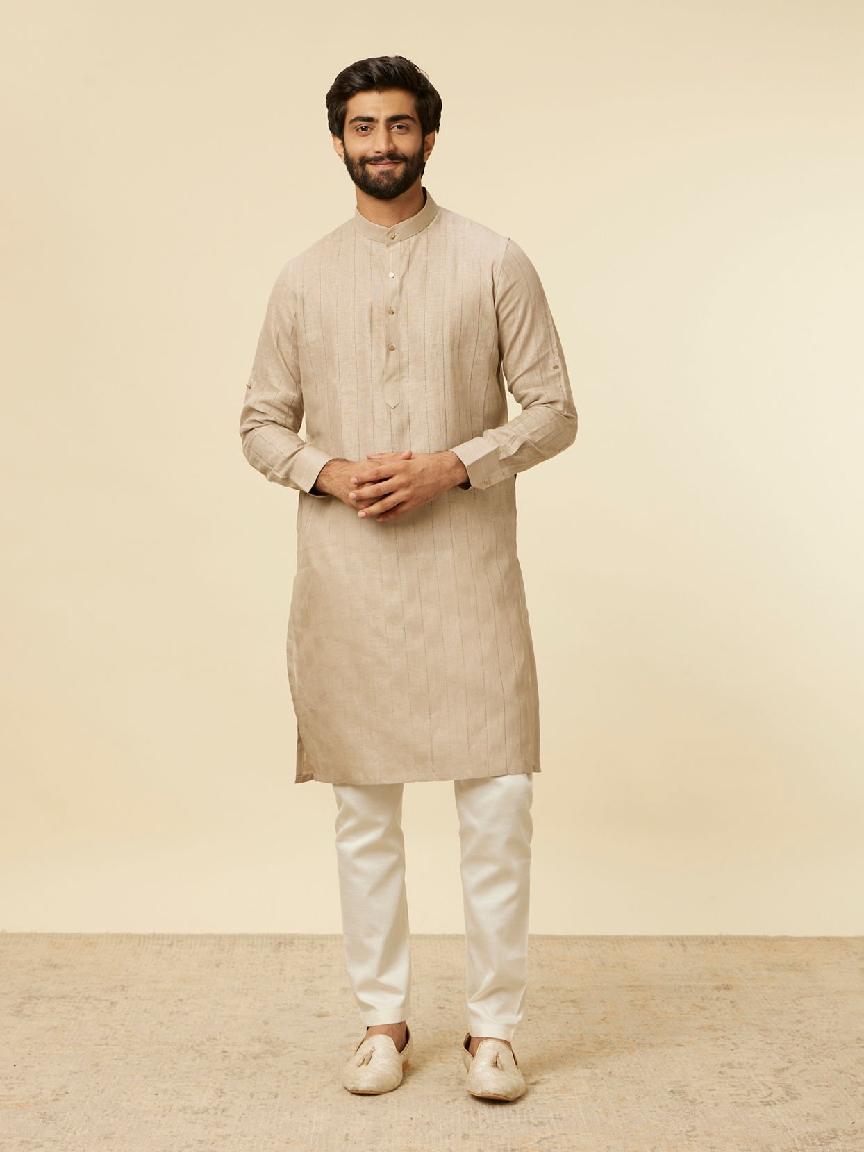 alt message - Manyavar Men Solid Walnut Self Striped Patterned Kurta image number 2