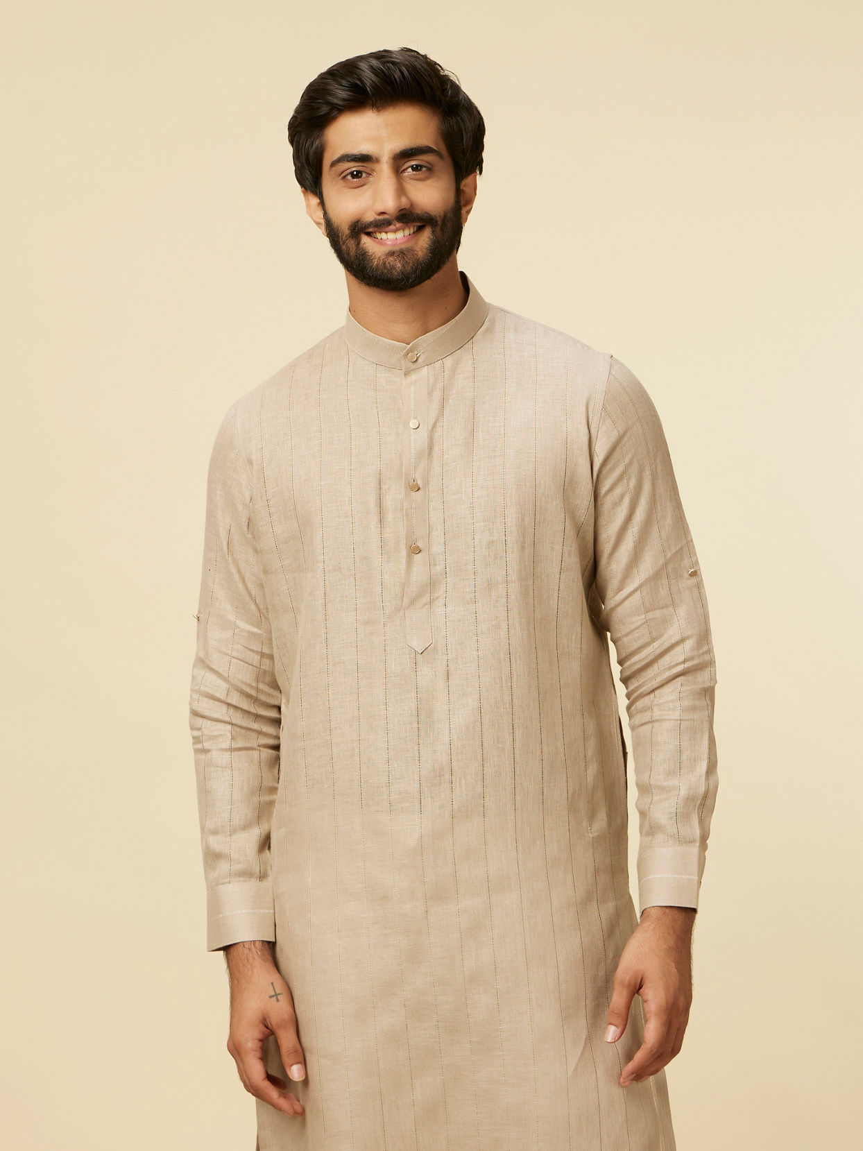 alt message - Manyavar Men Solid Walnut Self Striped Patterned Kurta image number 0