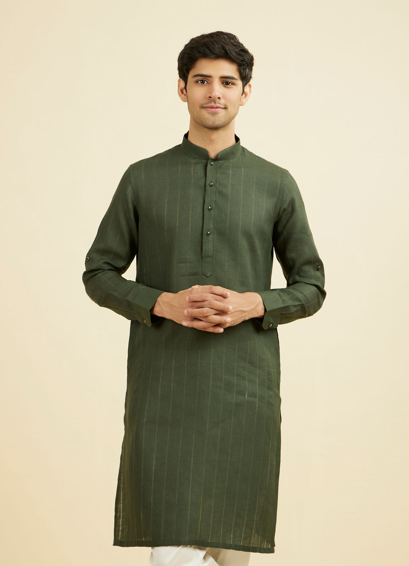 Manyavar Men Dark Green Self Patterned Kurta
