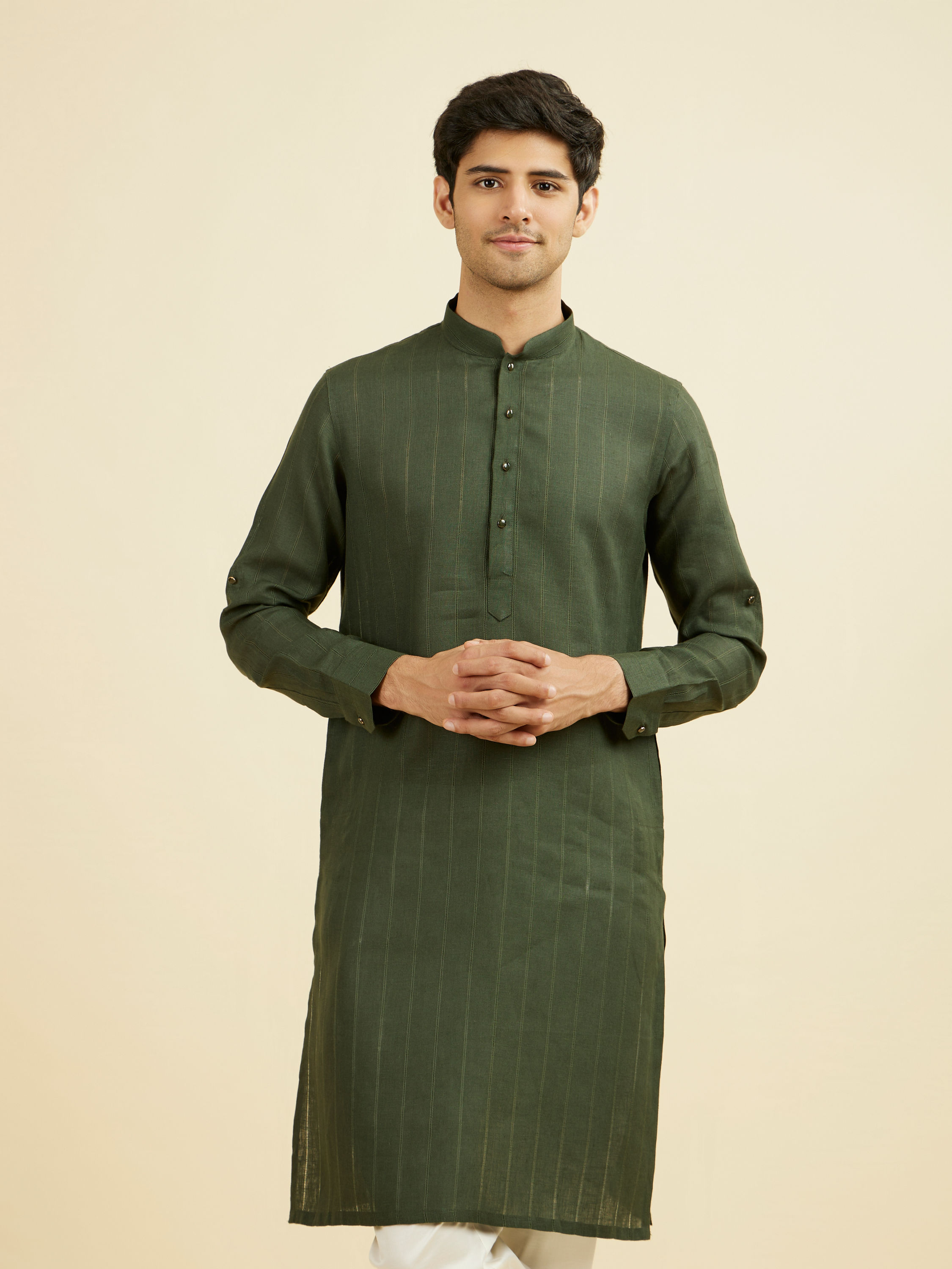Manyavar Men Dark Green Self Patterned Kurta