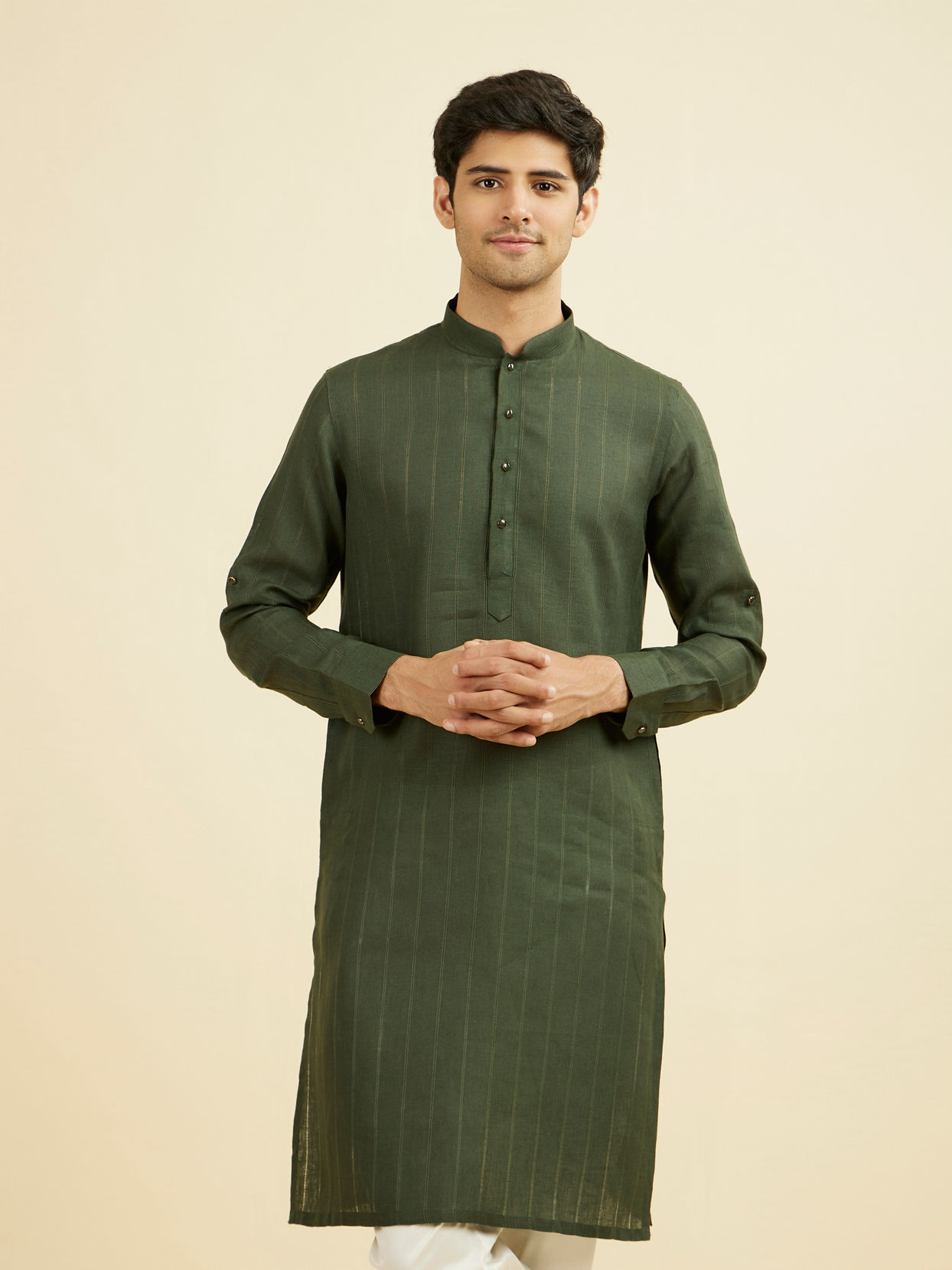 Manyavar Men Dark Green Self Patterned Kurta