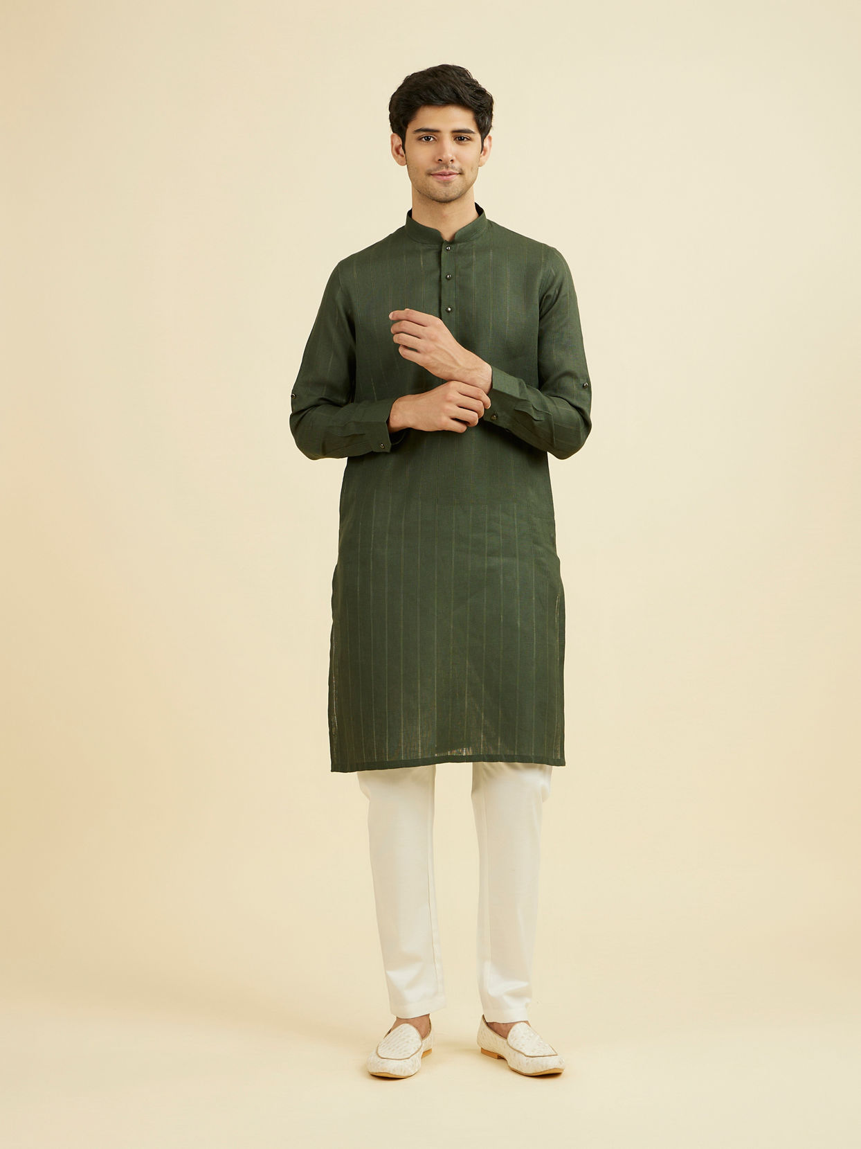 Manyavar Men Dark Green Self Patterned Kurta