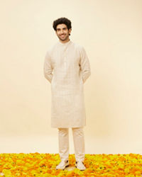 Manyavar Men Natural Beige Self Striped Kurta