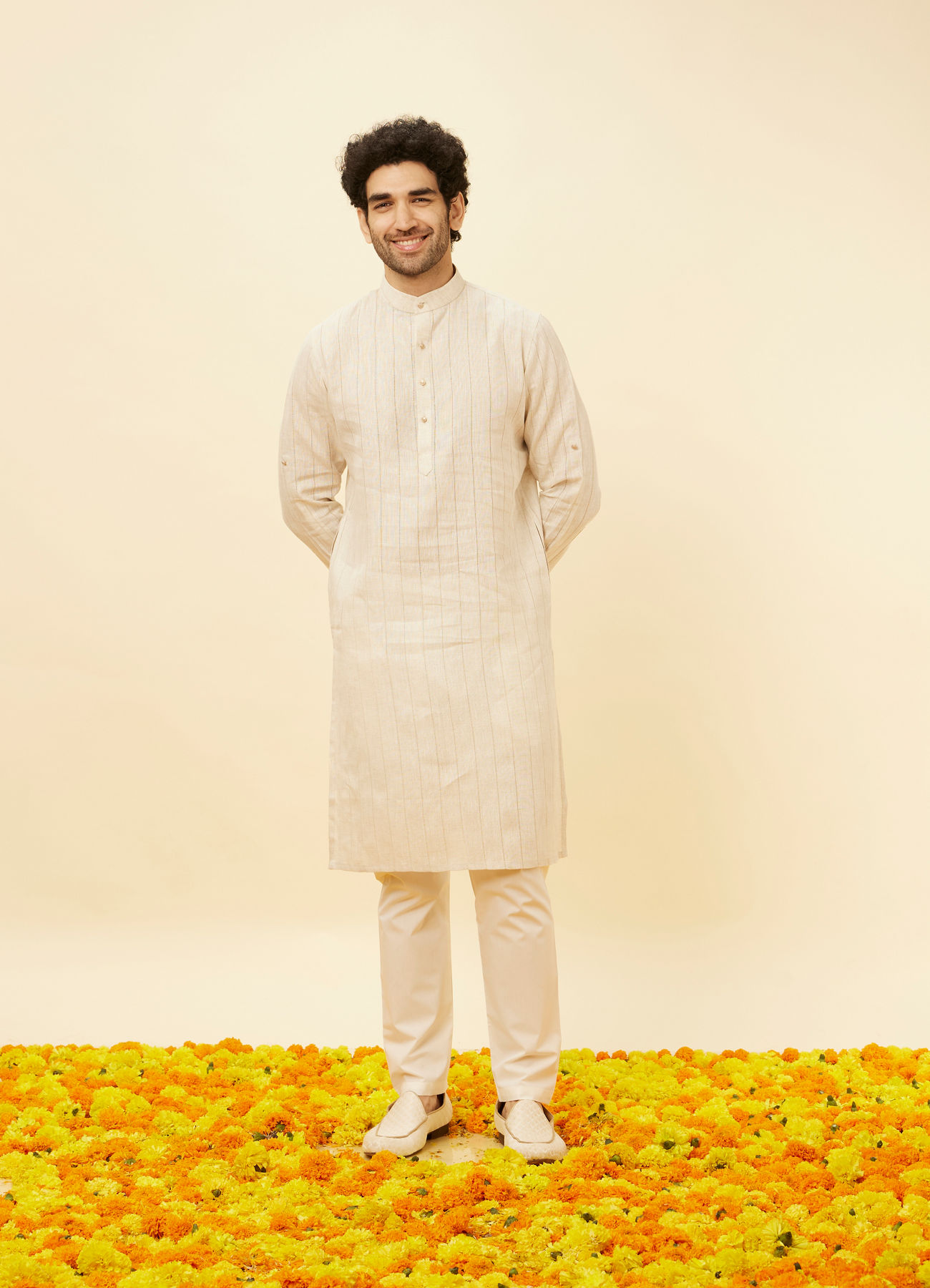 Manyavar Men Natural Beige Self Striped Kurta