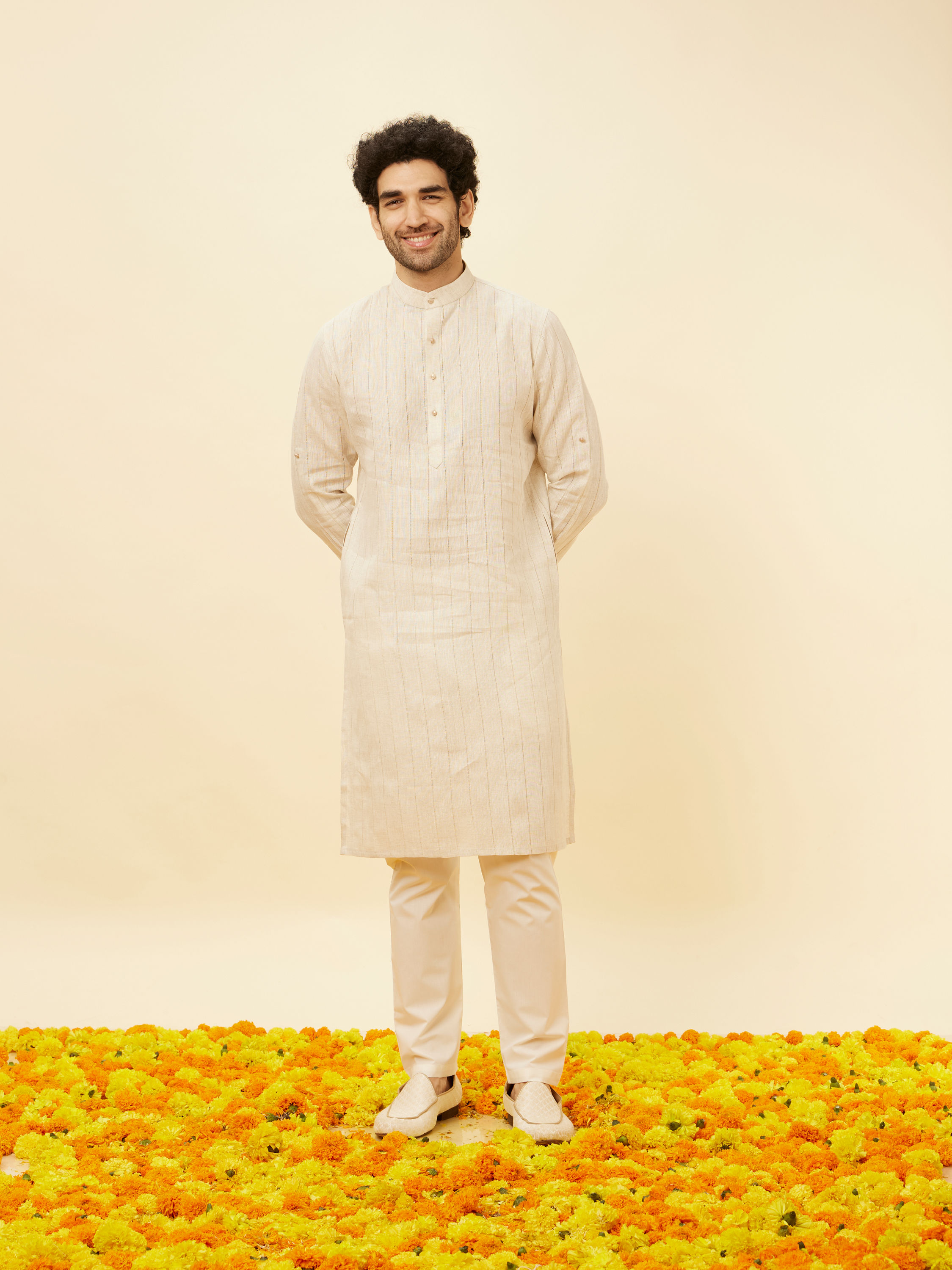 Manyavar Men Natural Beige Self Striped Kurta