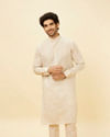 alt message - Manyavar Men Natural Beige Self Striped Kurta image number 0