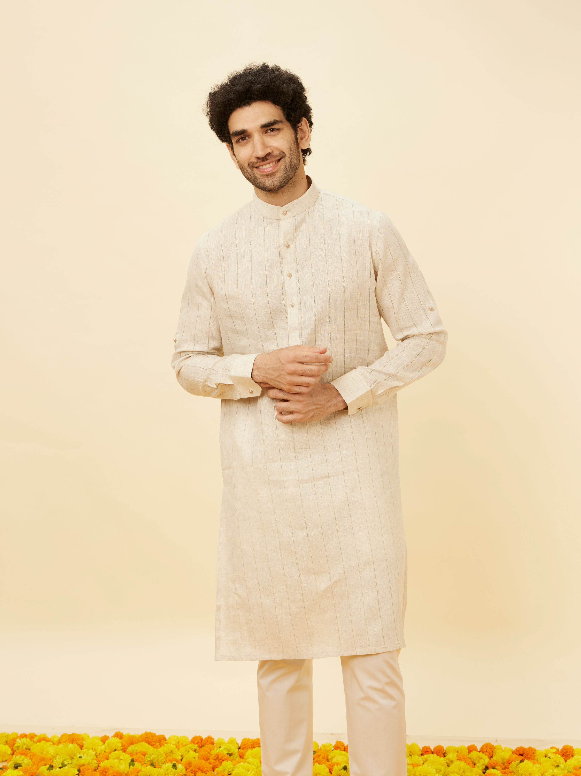 Manyavar Men Natural Beige Self Striped Kurta