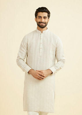 Manyavar Men Natural Beige Self Striped Kurta
