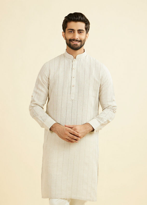 Manyavar Men Natural Beige Self Striped Kurta
