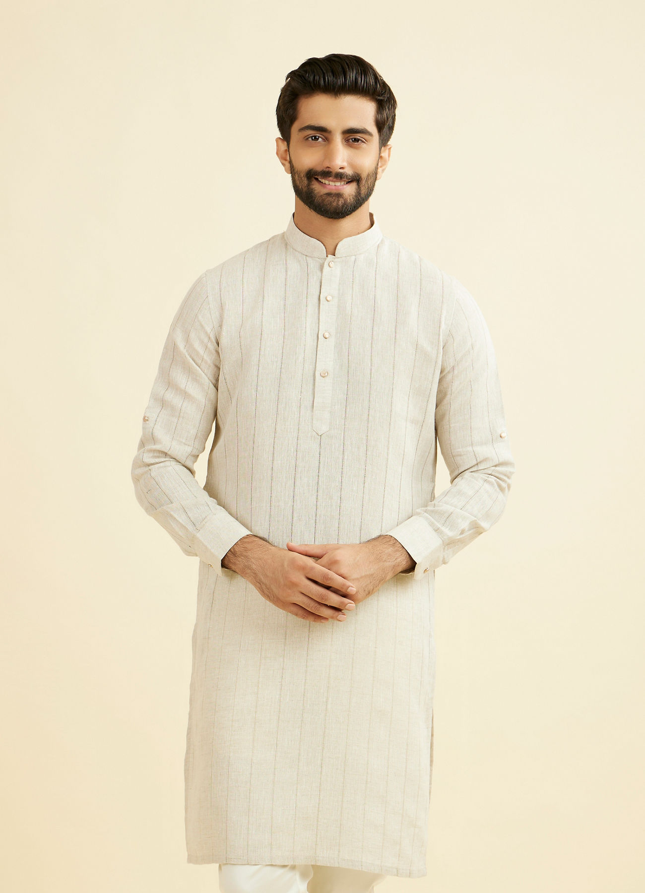 Manyavar Men Natural Beige Self Striped Kurta
