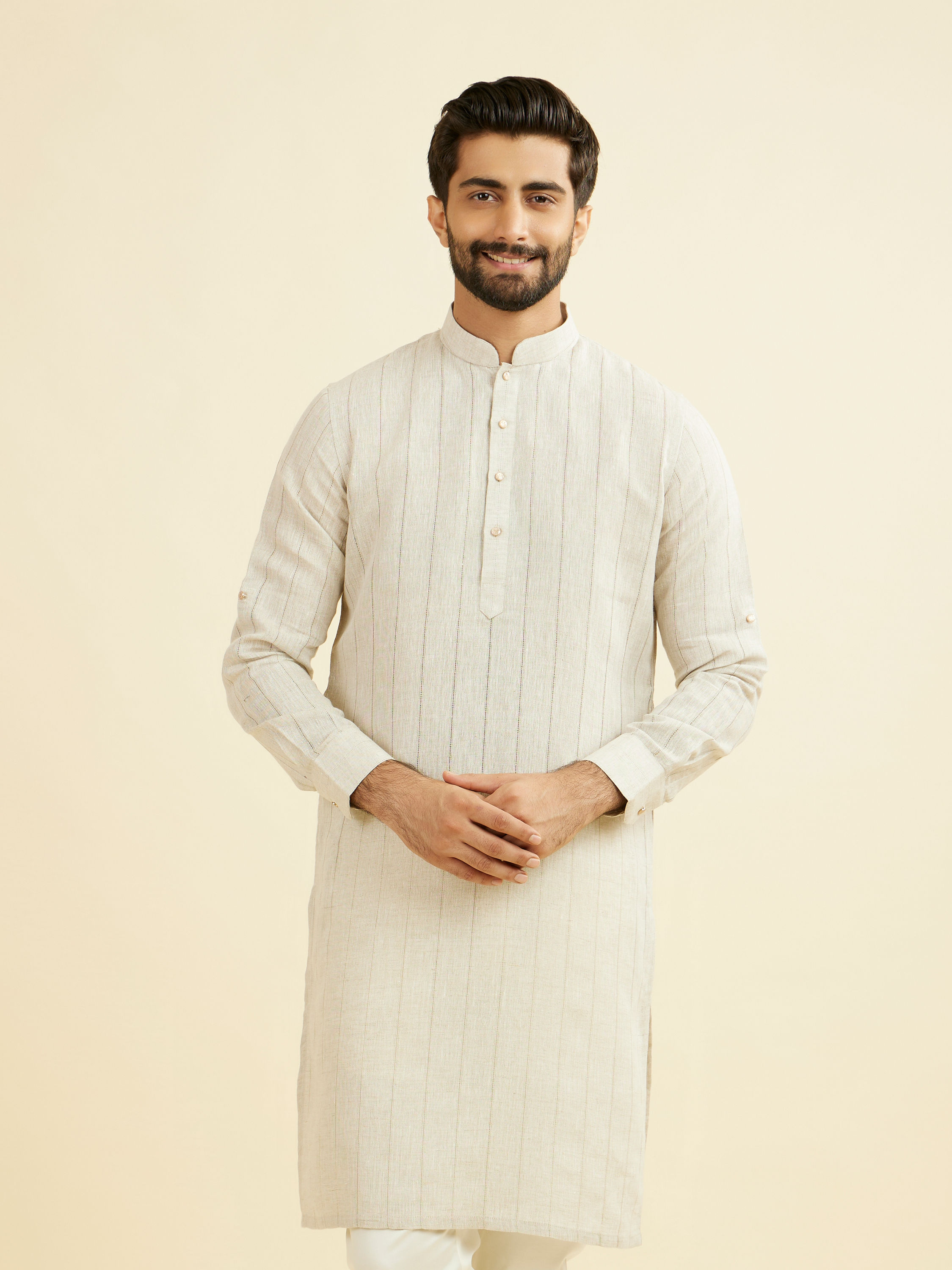 Manyavar Men Natural Beige Self Striped Kurta