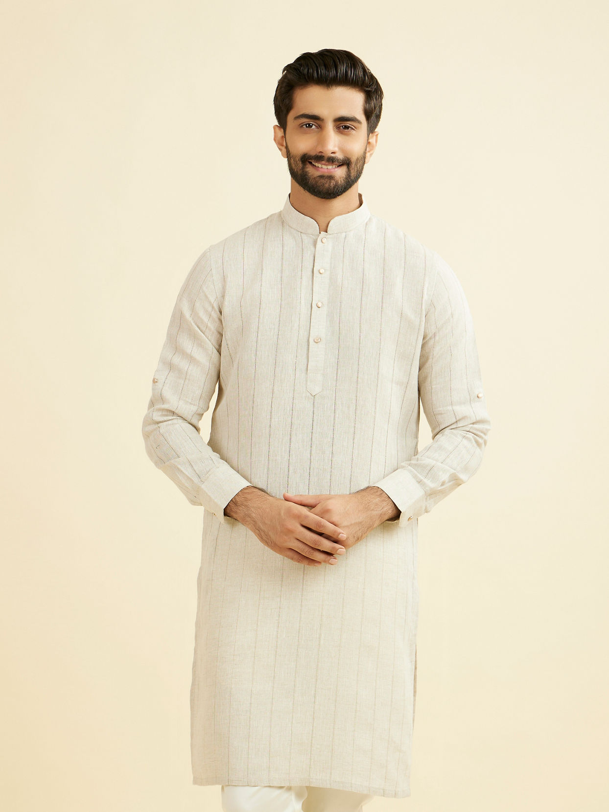 Manyavar Men Natural Beige Self Striped Kurta