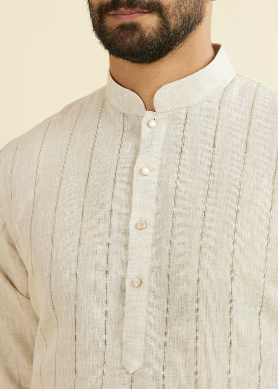 Manyavar Men Natural Beige Self Striped Kurta