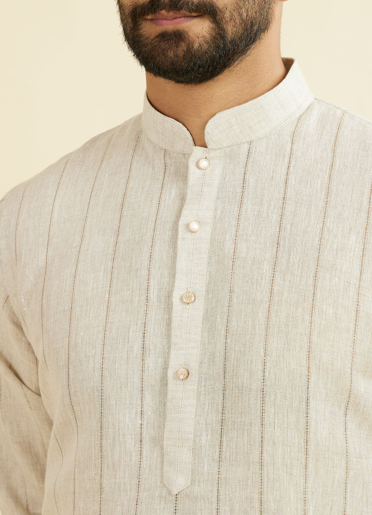 Manyavar Men Natural Beige Self Striped Kurta