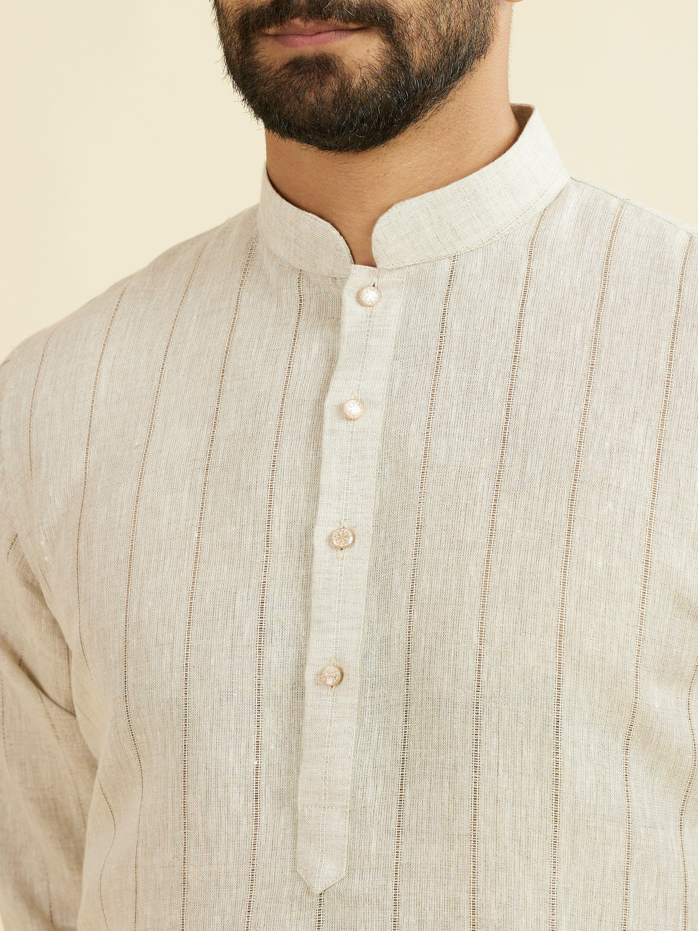 Manyavar Men Natural Beige Self Striped Kurta