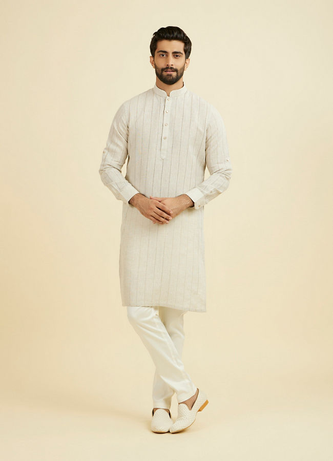 Manyavar Men Natural Beige Self Striped Kurta