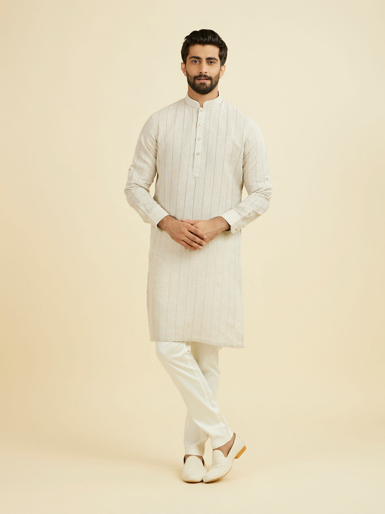 Manyavar Men Natural Beige Self Striped Kurta