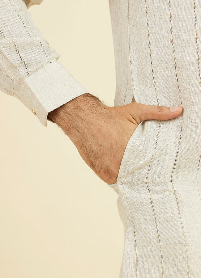 Manyavar Men Natural Beige Self Striped Kurta