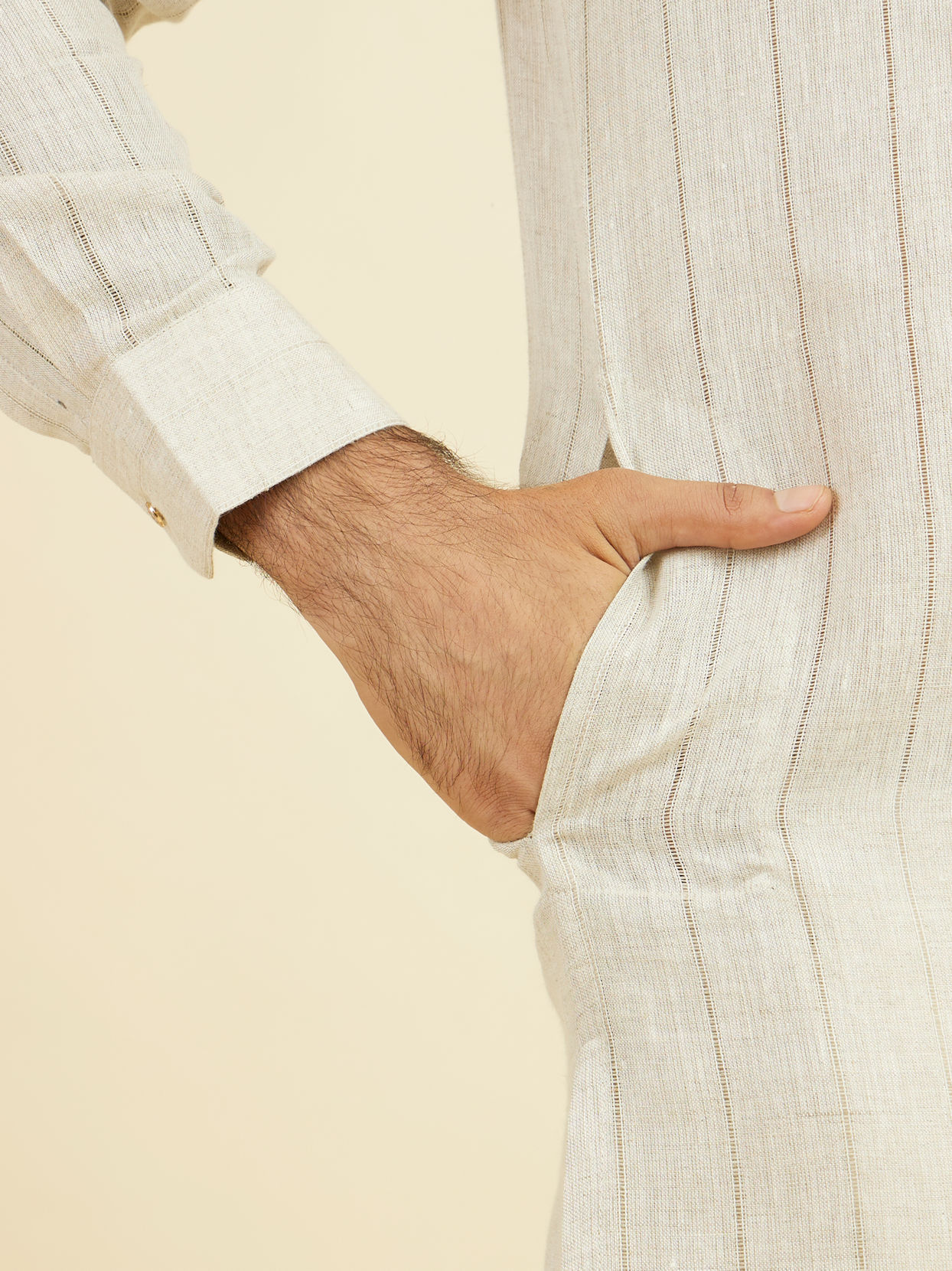 Manyavar Men Natural Beige Self Striped Kurta