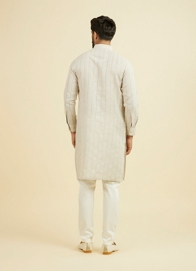 Manyavar Men Natural Beige Self Striped Kurta