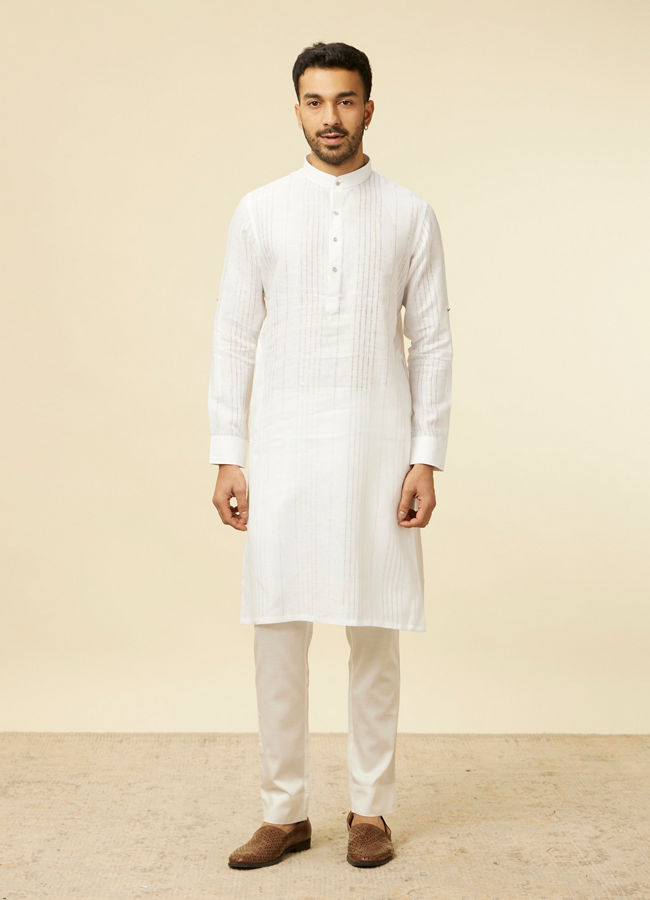 Manyavar Men Classic White Self Striped Patterned Kurta