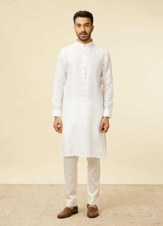 alt message - Manyavar Men Classic White Self Striped Patterned Kurta image number 2