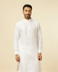 Manyavar Men Classic White Self Striped Patterned Kurta
