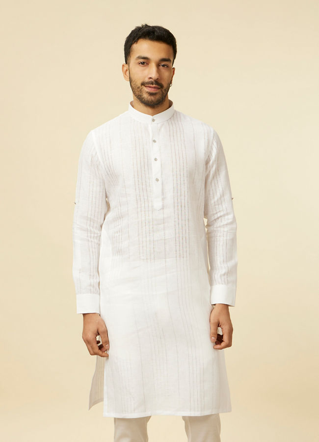 alt message - Manyavar Men Classic White Self Striped Patterned Kurta image number 0