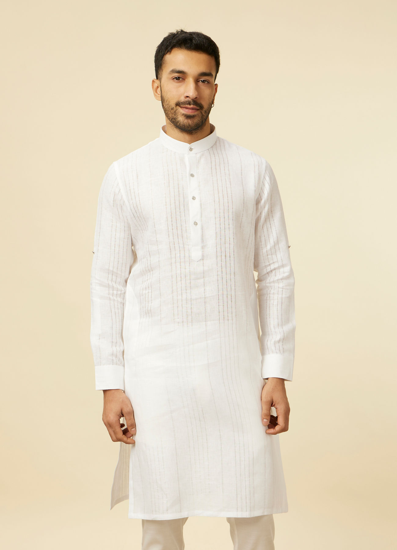 Manyavar Men Classic White Self Striped Patterned Kurta