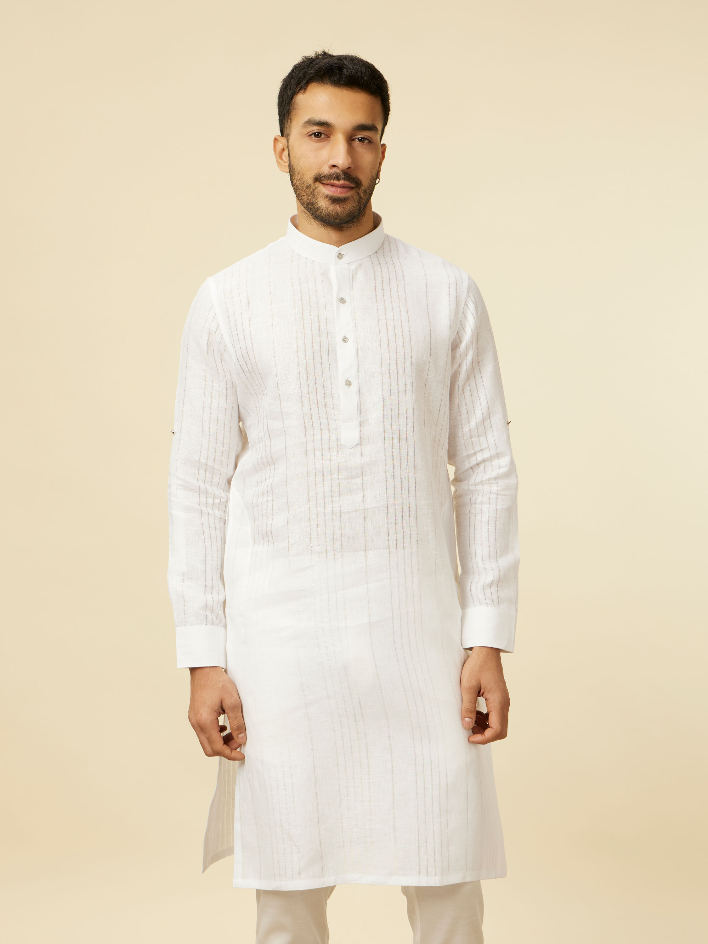 Manyavar Men Classic White Self Striped Patterned Kurta