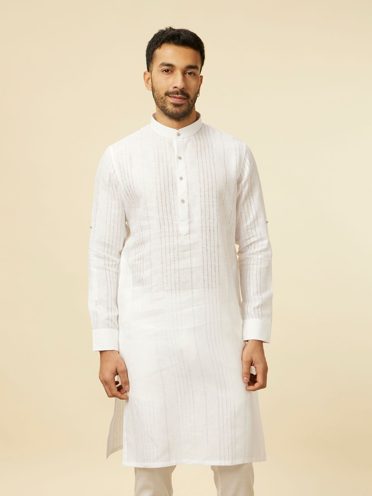 alt message - Manyavar Men Classic White Self Striped Patterned Kurta image number 0