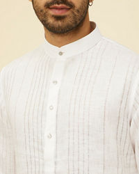 Manyavar Men Classic White Self Striped Patterned Kurta
