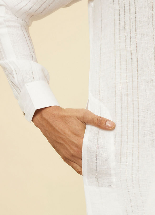 Manyavar Men Classic White Self Striped Patterned Kurta