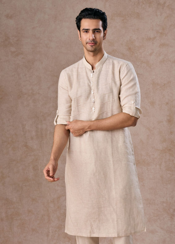 Manyavar Men Natural Beige Linen Breezy Kurta