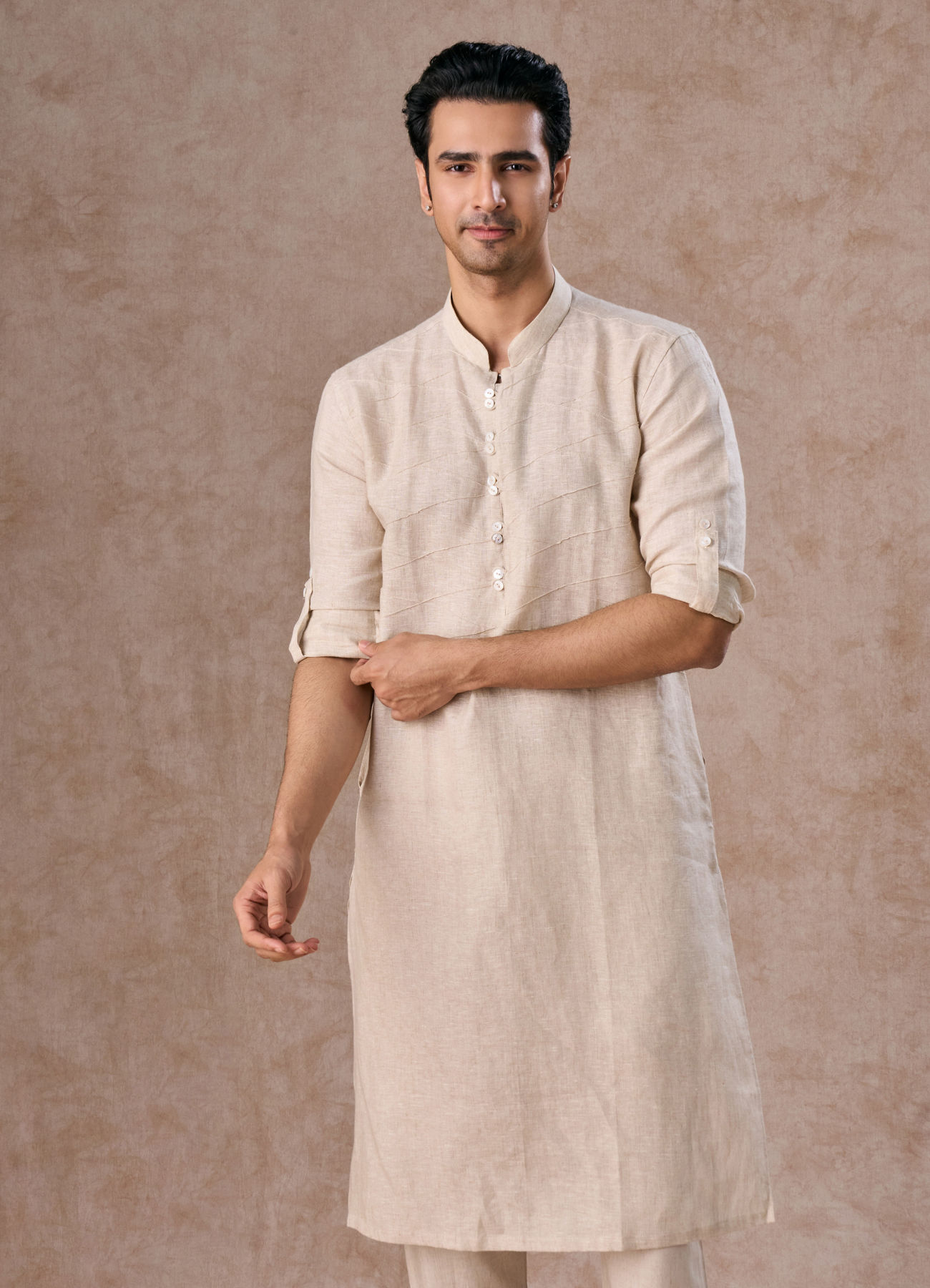 Manyavar Men Natural Beige Linen Breezy Kurta