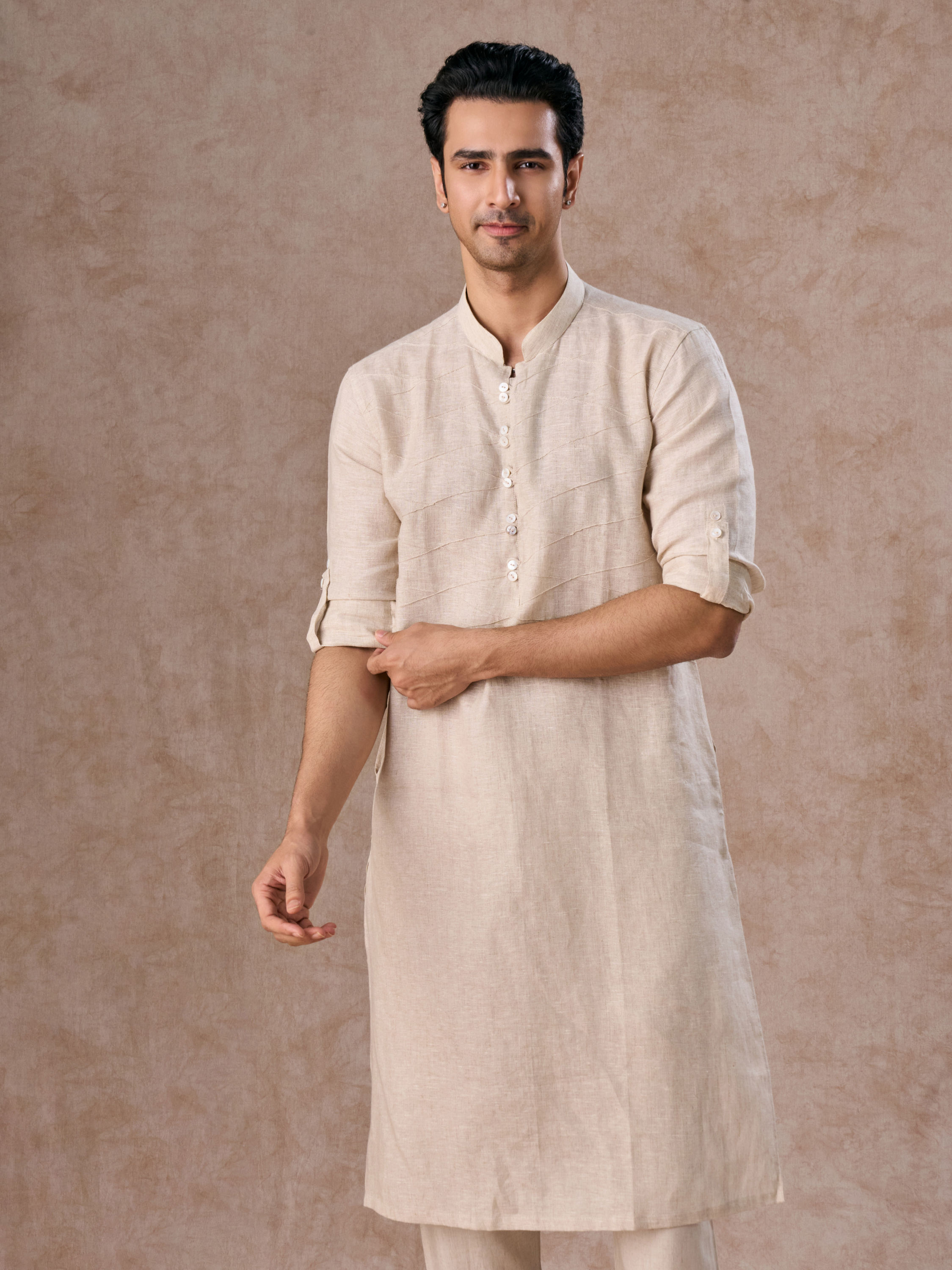 Manyavar Men Natural Beige Linen Breezy Kurta