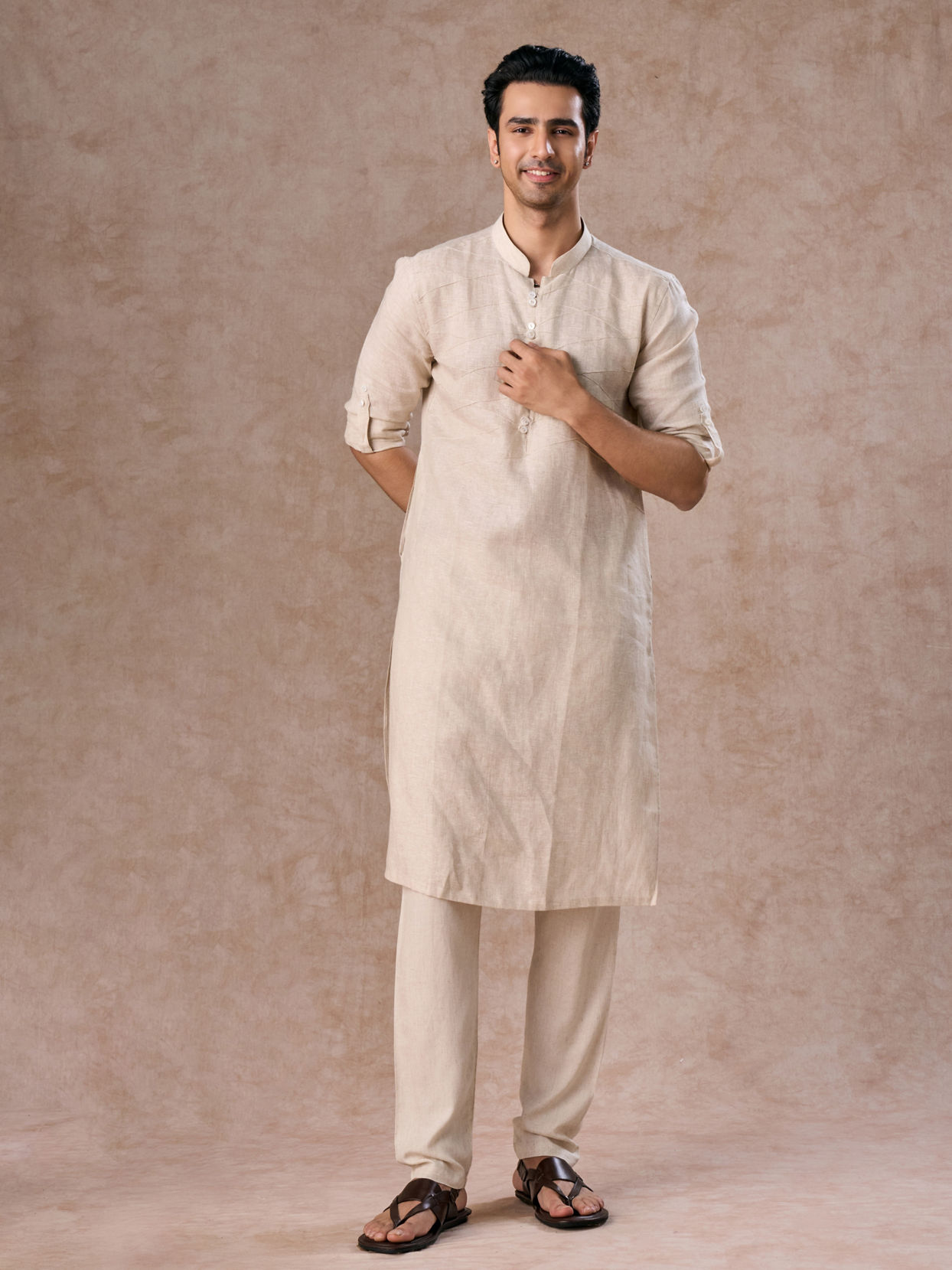 Manyavar Men Natural Beige Linen Breezy Kurta