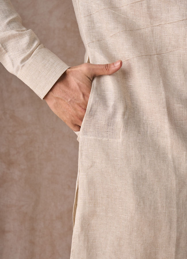 Manyavar Men Natural Beige Linen Breezy Kurta