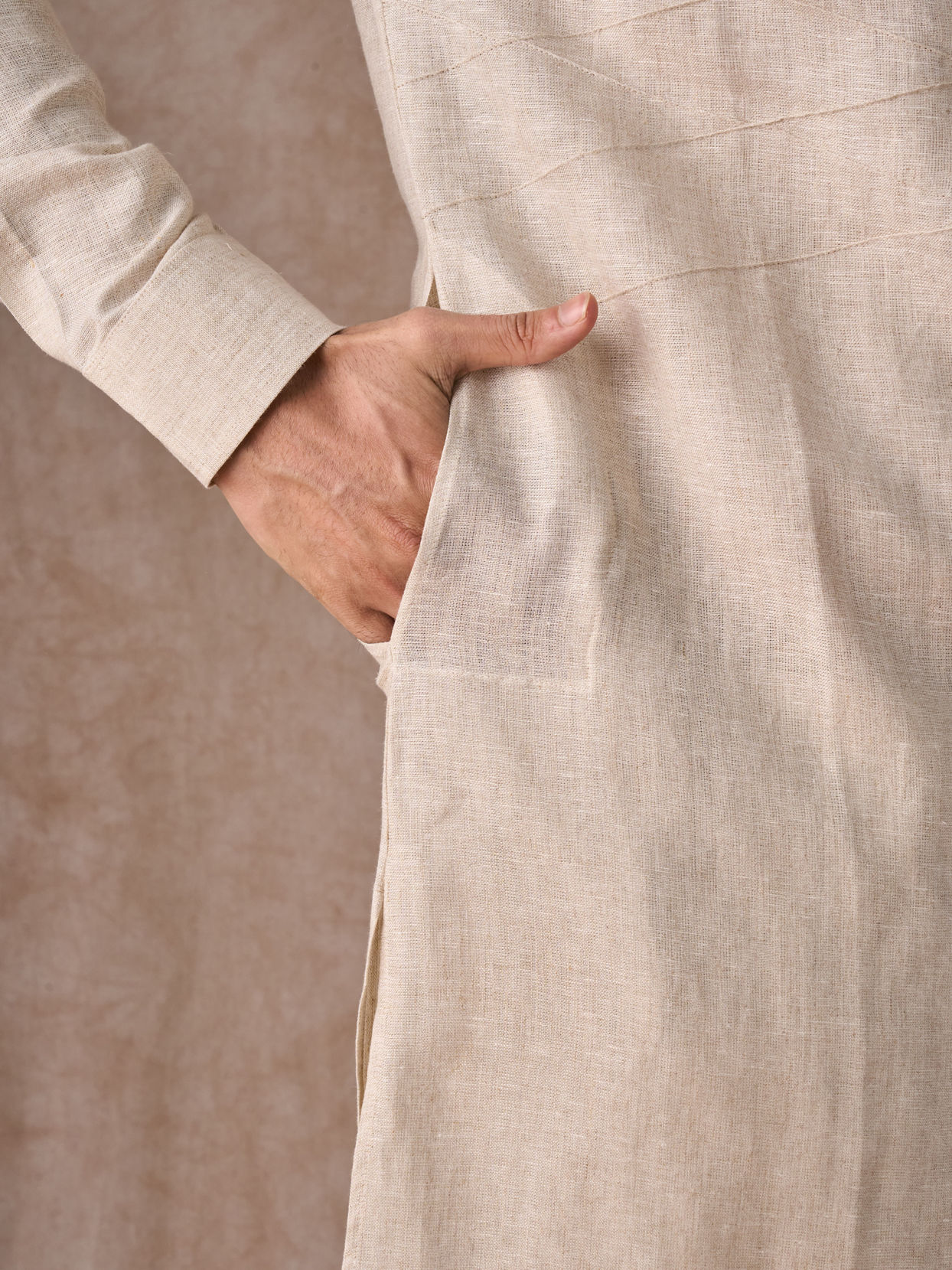 Manyavar Men Natural Beige Linen Breezy Kurta