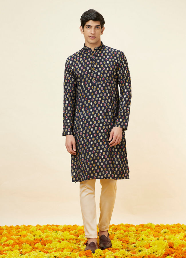 alt message - Manyavar Men Navy Blue Abstract Printed Kurta image number 2