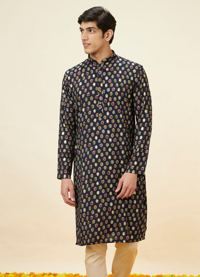 Manyavar Men Navy Blue Abstract Printed Kurta