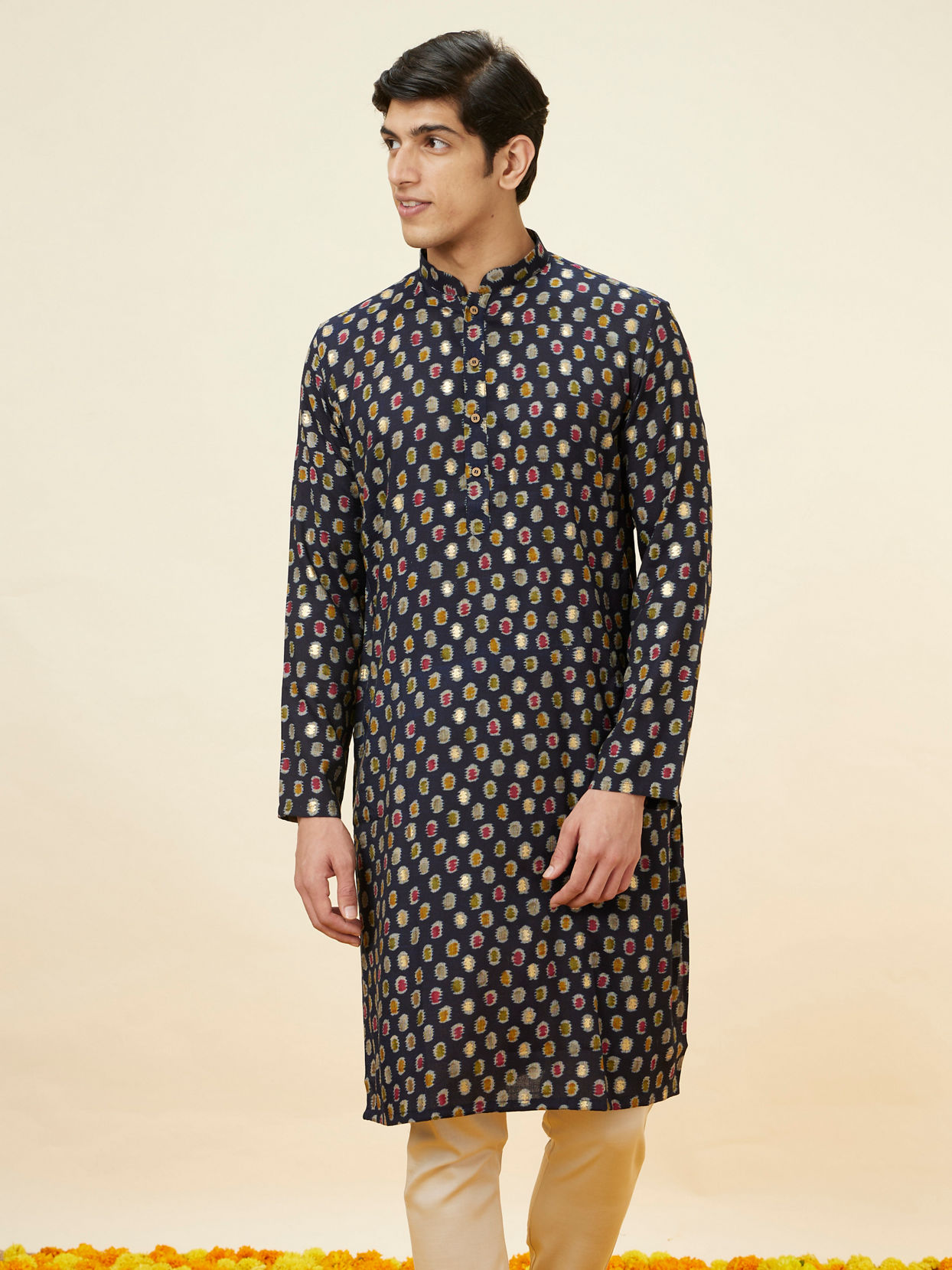 Manyavar Men Navy Blue Abstract Printed Kurta