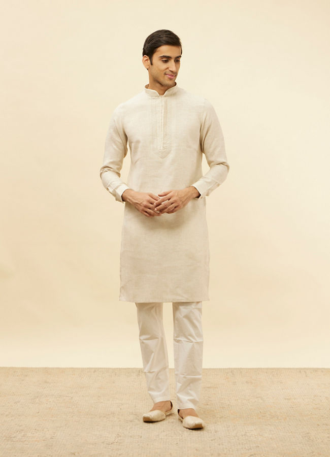 alt message - Manyavar Men Natural Beige Embroidered Neckline Kurta image number 2