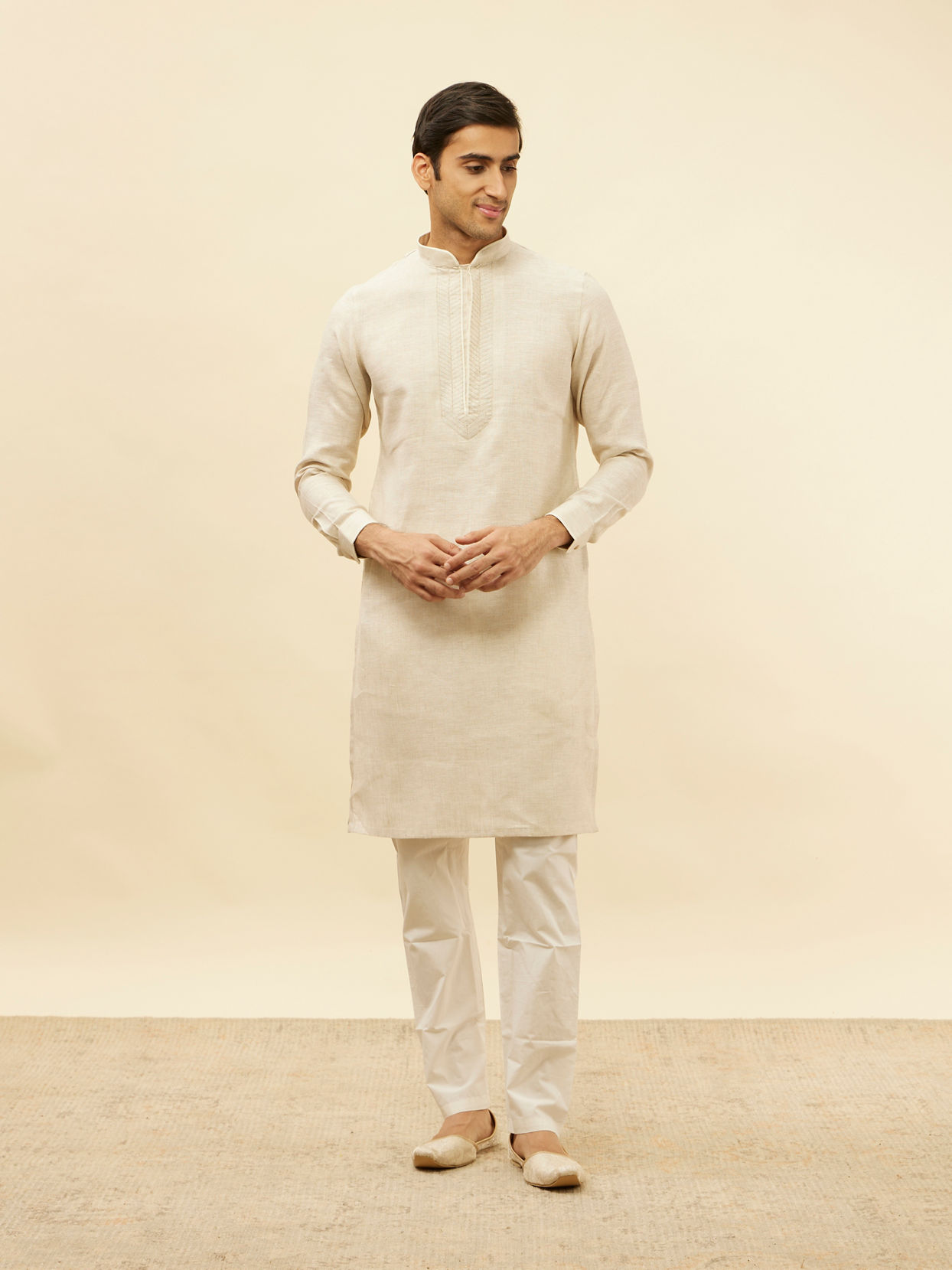 alt message - Manyavar Men Natural Beige Embroidered Neckline Kurta image number 2