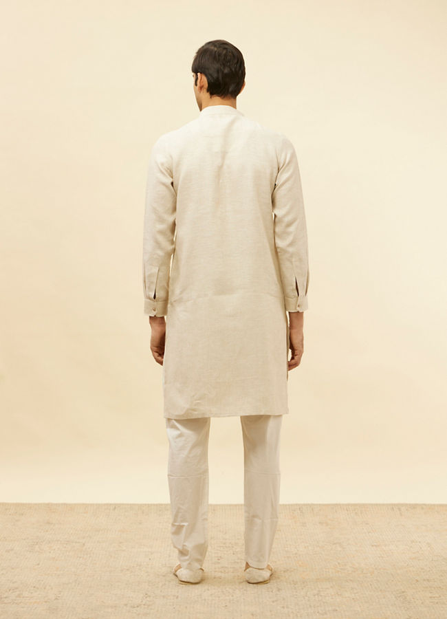 alt message - Manyavar Men Natural Beige Embroidered Neckline Kurta image number 4