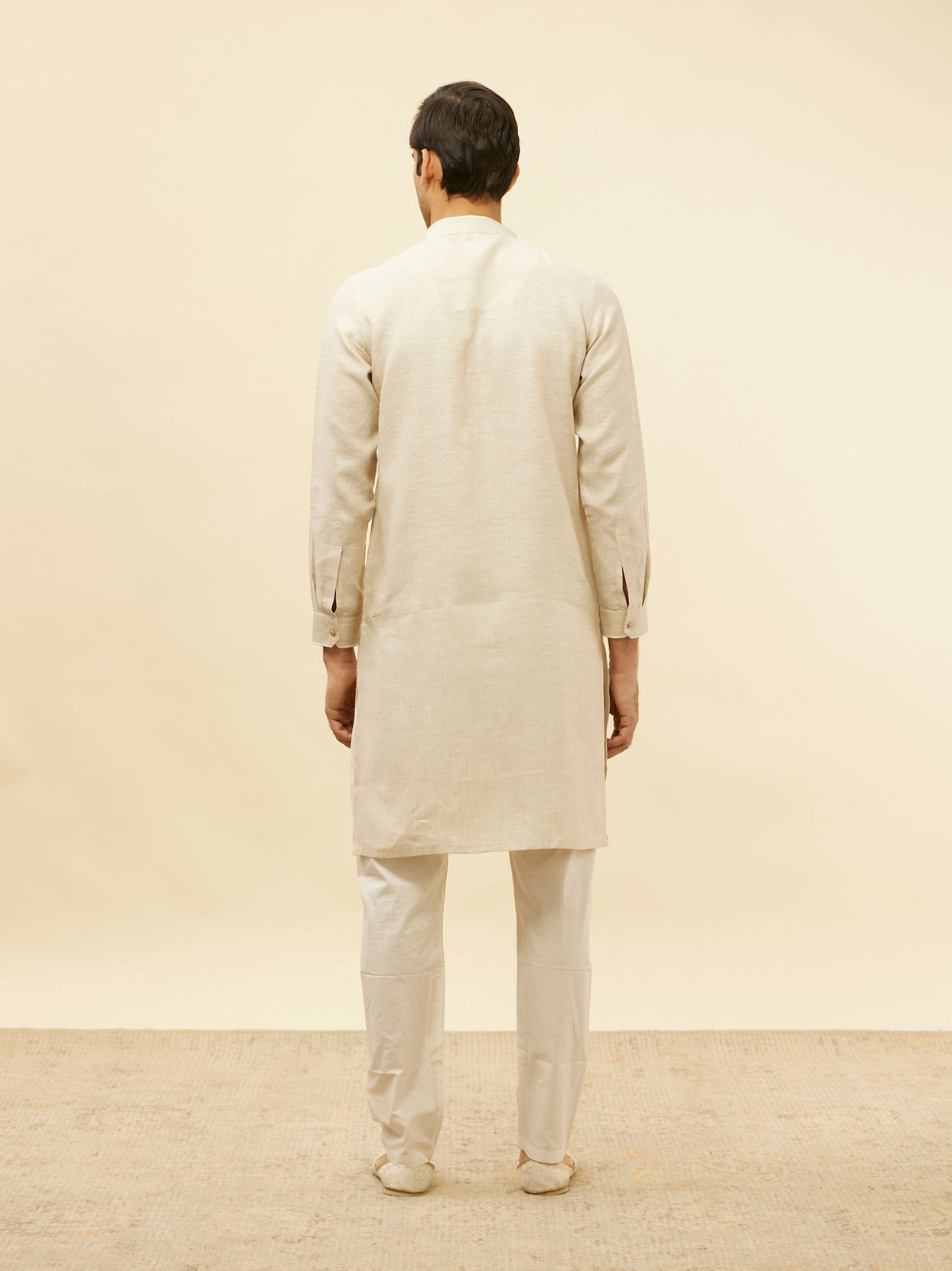 alt message - Manyavar Men Natural Beige Embroidered Neckline Kurta image number 4